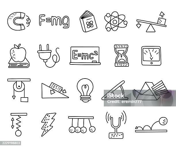 Physics Example Object Physics Object Set In Outline Line Art With Magnet Atom Gravity Energy ...