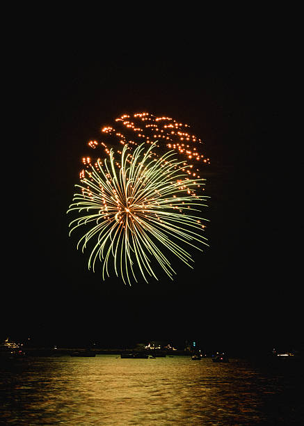 Fireworks over the harbour water as part of the 2023 British Firework Championships viewed from Queen Anne's Battery, Plymouth.