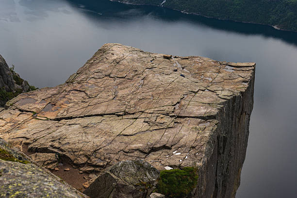 Preikestolen, a flat topped cliff in Norway, rises above Lysefjord. The scene includes rugged rock formations, calm waters, and lush greenery.