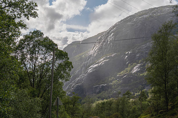 Mountainous Landscape with Cliffs and Vegetation in Lysebotn, Norway