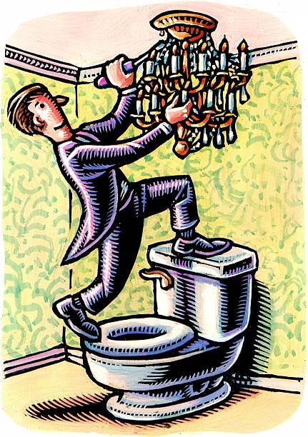 man in tuxedo installs chandelier over toilet in luxurious bathroom renovation.
