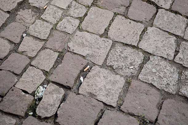 istock Close-up of cobblestones with cigarette butts 2229213662