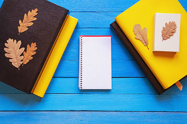 istock Different books, note pad and dry autumn leaves on blue rustic table. Back to school concept. Copy space 2229215524