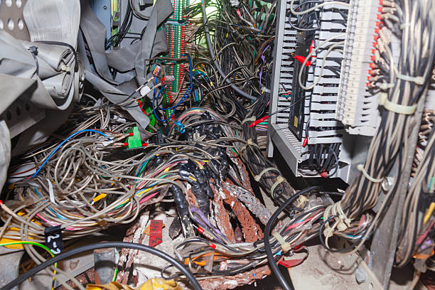 istock Bunch of connected server electrical cables in a distribution box. 2229217974