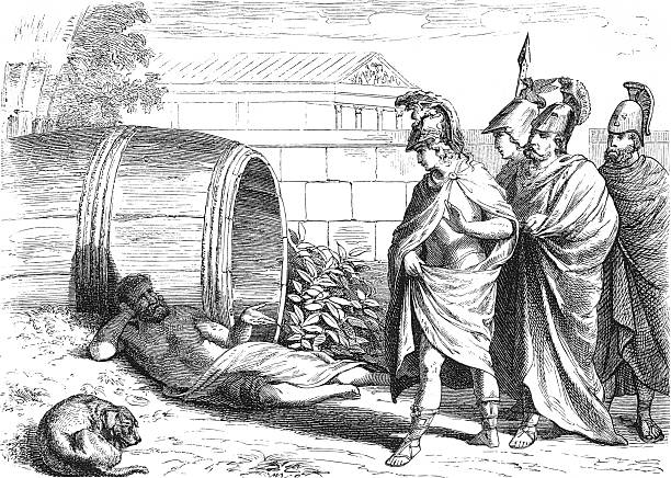 The famous meeting between Diogenes the Cynic in his barrel and Alexander the Great with his military entourage. Old vintage illustration, 1880.