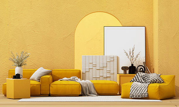 istock Minimal yellow living room with sofa, beanbag, and empty picture frame, ideal for design or artwork mockup display. 3d rendering. 2229230044
