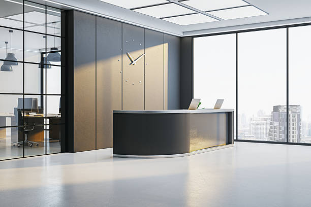 istock Modern office reception with curved desk, glass wall, and city view in bright interior workspace showcasing contemporary business design. 3D Rendering 2229232786