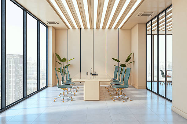 istock Modern luxury boardroom interior with sleek design, panoramic city view, stylish chairs, and elegant ceiling lighting in contemporary office space. 3D Rendering 2229232992