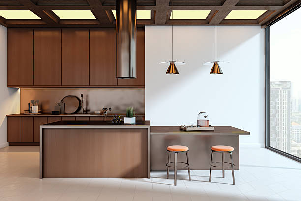 istock Modern luxury kitchen interior with wooden cabinets, island, bar stools, and large window showcasing bright city view and elegant ceiling design. 3D Rendering 2229233016