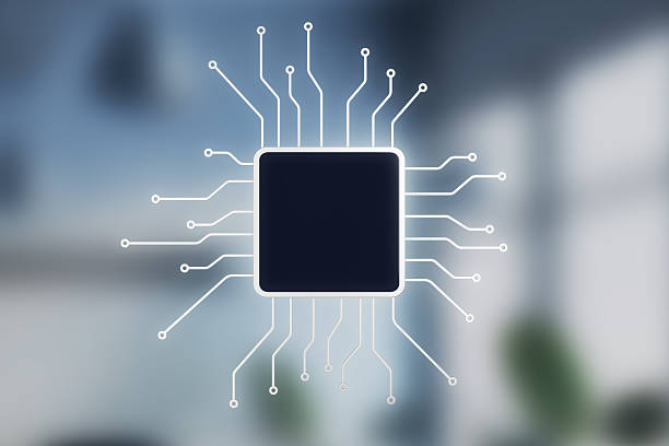 Glowing white chip icon with circuit lines on a soft blue blurred background, symbolizing clean modern technology and digital connection concept. 3D Rendering
