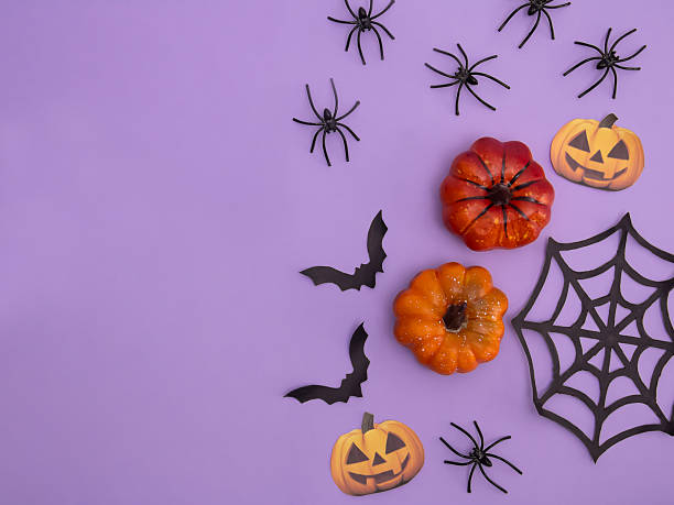 istock A flat composition with pumpkins, a spider web and a bat on a purple background, a place for text. 2229237652