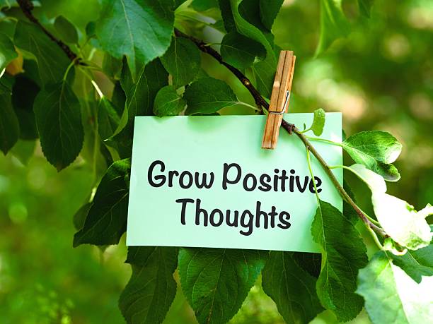 istock Green paper note with words Grow Positive Thoughts hanging on a tree branch. 2229241054