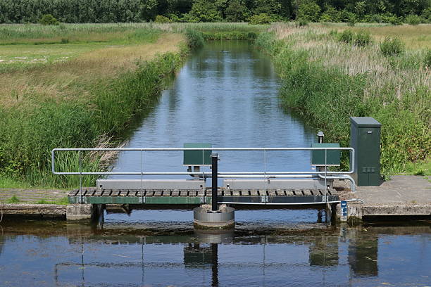 a canal with water with a weir in the dutch countryside for water management