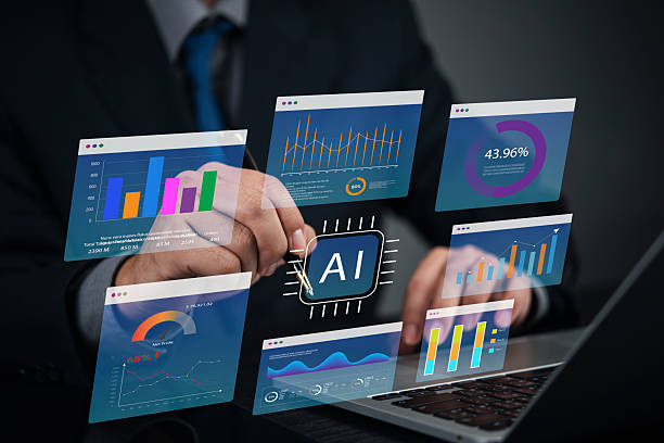 istock man interacting with futuristic screens showing financial data and AI. concept big data, innovation, technology, and future business artificial intelligence marketing and analytics. 2229247295