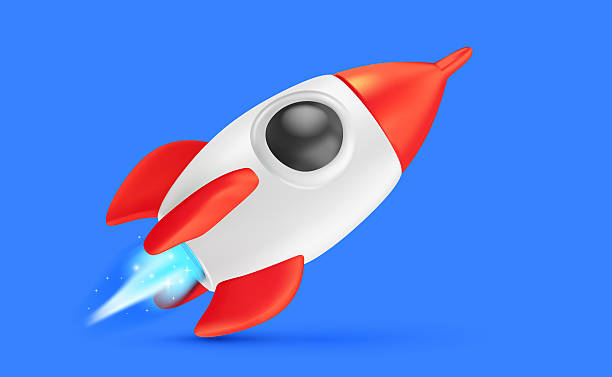 istock Vector startup realistic illustration of red color spaceship icon with fire on blue background. Toy space rocket launch. 3d cartoon style concept design of shuttle takeoff, business startup ship symbol 2229251097