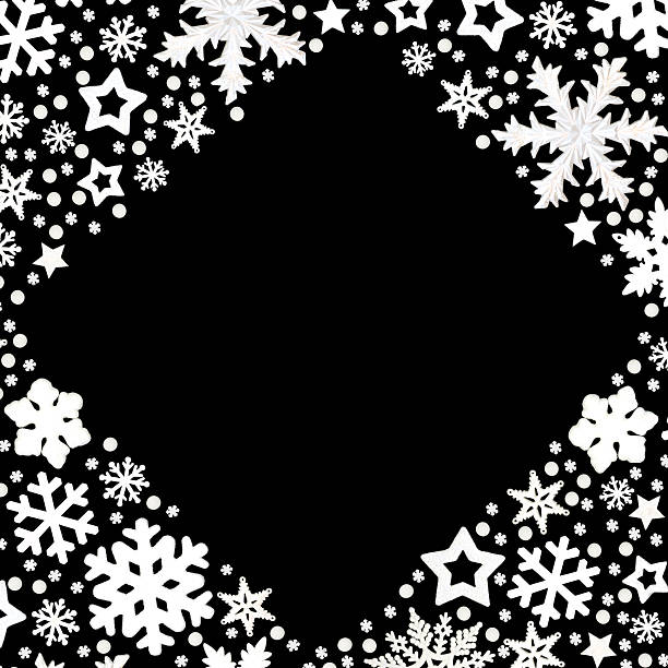 Christmas white snowflake, star, berry decorations, decorative border on black background. Festive design for Xmas holiday season.