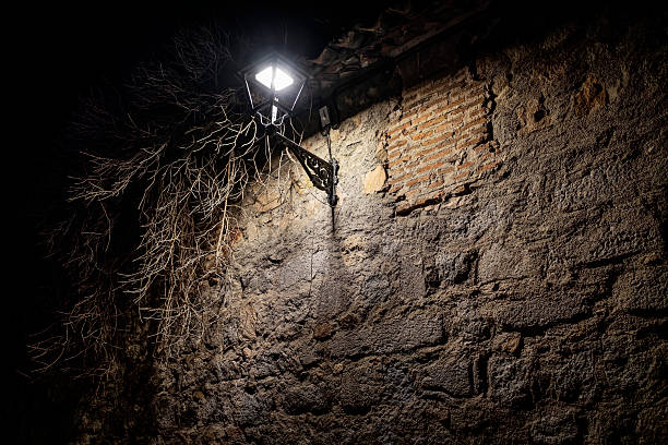 Old stone wall with a vintage lantern illuminating dry branches at night, creating a dramatic and mysterious atmosphere, copy space