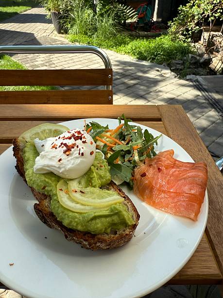 istock Breakfast plate with avocado toast, poached egg, smoked salmon, and fresh salad 2229263646