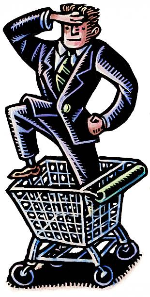 businessman stands in shopping cart and strikes a heroic pose, shading his eyes and gazing into the distance.