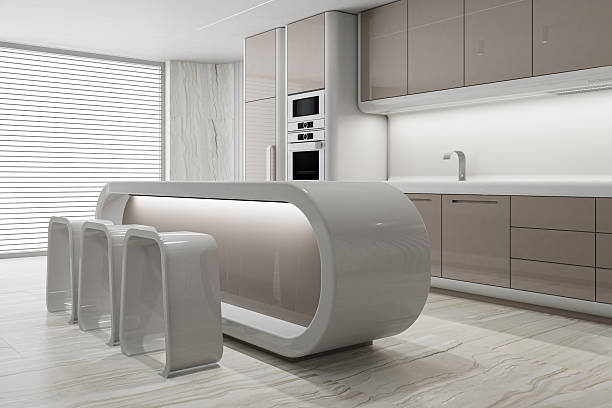 Futuristic white and beige kitchen with soft, rounded countertops and a central waterfall island in warm beige, matte white cabinetry accented by pale wood, integrated stainless-steel appliances, sculptural LED strip lighting, a pristine white stone marble floor, and seamless white walls and ceiling that amplify natural light from a floor-to-ceiling window illuminating a single minimalist planter.
