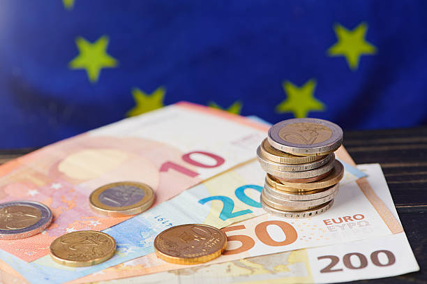 istock Euro banknotes and coins stacked on wooden surface with flag backdrop 2229278145