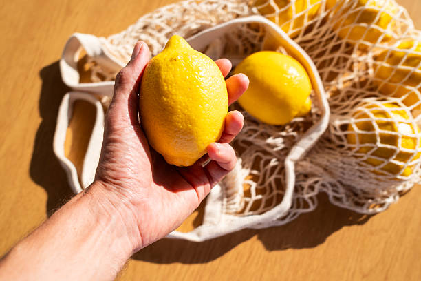 istock Hand holding freshly picked lemon in summer sunlight 2229280826