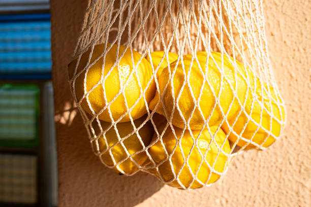 Fresh lemons isolated in a net ready for sale
