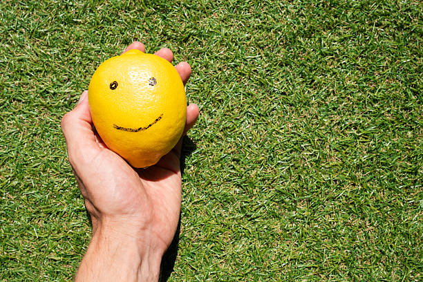 Hand gently holds a bright yellow lemon with a cheerful smiley face drawn on its surface, resting against a backdrop of vibrant green grass