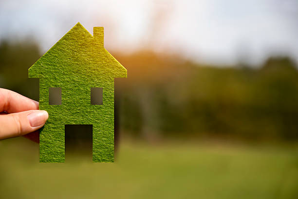 Hand Holding Green ecological house in empty field. Green eco house environmental background in grass field Copy space