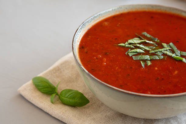 istock Homemade Tomato Basil Soup in a Bowl, low angle view. Close-up. Copy space. 2229283220