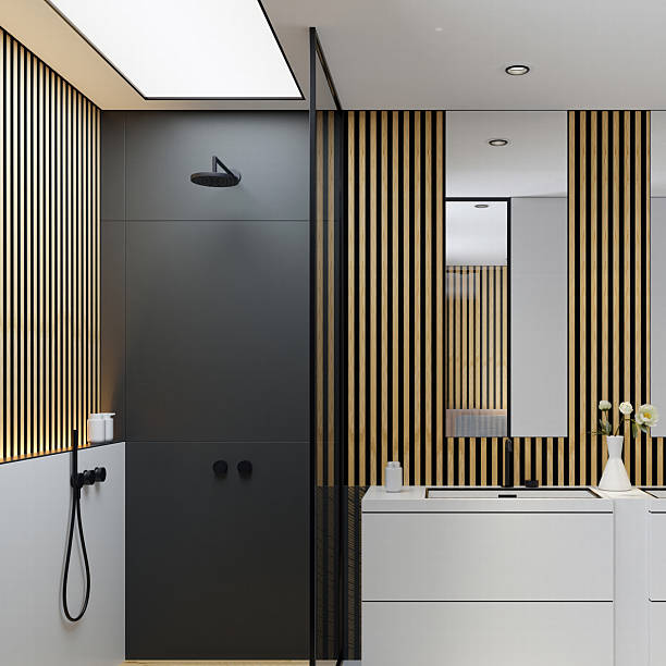 istock Modern bathroom with two sinks and wall wood paneling 2229286035