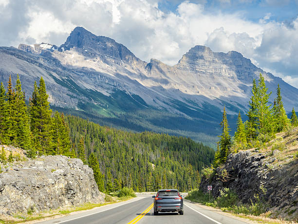 istock Car driving along Icefields Parkway toward towering Rocky Mountains 2229286443