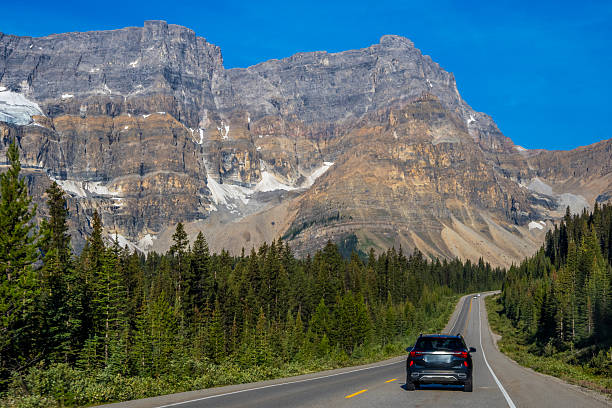istock Car driving along Icefields Parkway toward towering Rocky Mountains 2229286456