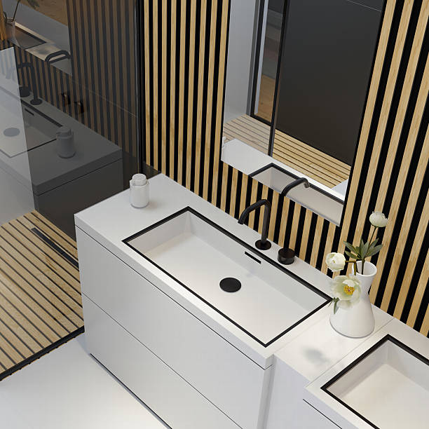 istock Modern bathroom with two sinks and wall wood paneling 2229286531