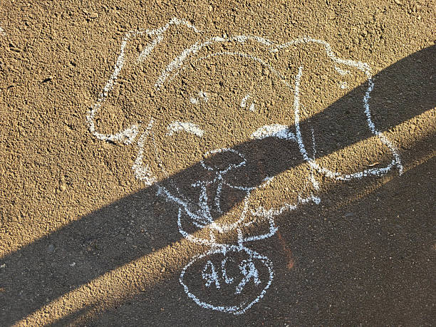 A funny dog face is drawn in white chalk on the sidewalk.