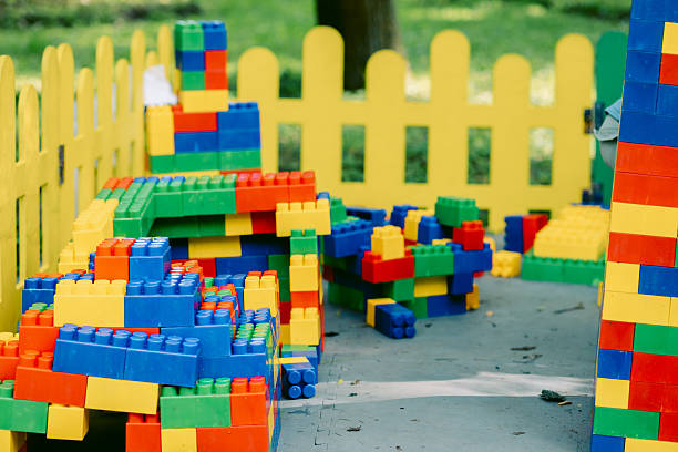 Colorful plastic blocks toys on children's playground. High quality photo