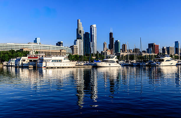 Ship Windy docked at Navy Pier with Chicago skyline and modern skyscrapers along Lake Michigan waterfront in Illinois, USA.