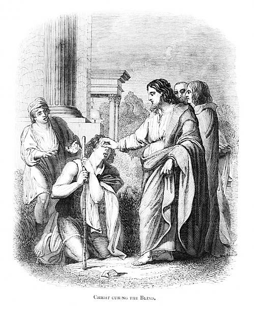 Jesus Christ heals a blind man. Illustration published 1837. Copyright expired; artwork is in Public Domain.