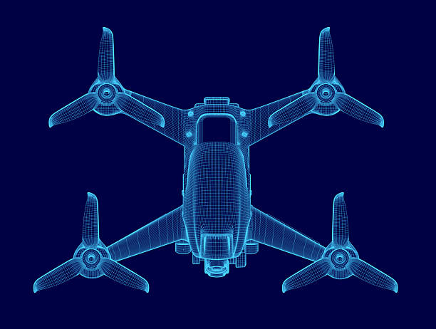 istock A drone blueprint displays a detailed wireframe view with four propellers on a blue background. The technical illustration highlights key components and structural design. 2229311869
