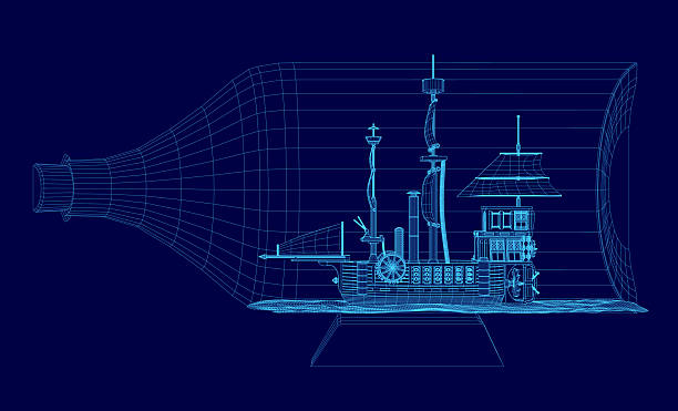 istock A detailed blueprint of a ship in a bottle features intricate wireframe design with sails, hull, and rigging clearly visible. The blue background enhances contrast, highlighting the ship's structure. 2229312974