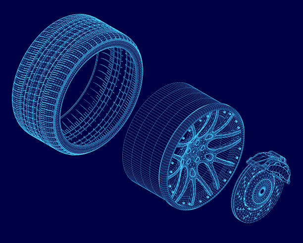 istock A 3D wireframe model of a car wheel stands out against a smooth blue background. The detailed mesh structure highlights the wheel's realistic design and geometric precision. 2229313398
