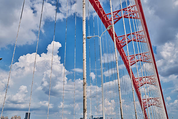 Metal truss bridge structure rising in a winter landscape, surrounded by bare trees and highlighting industrial design and engineering against a backdrop of a cloudy sky