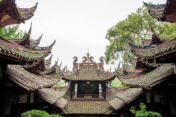 This captivating view presents the intricate roofs of traditional buildings in DuJiangYan, Sichuan province, China. The elaborate eaves are adorned with artistic details typical of ancient Chinese architecture, reflecting the region's rich history and culture. Surrounding trees enhance the picturesque setting, creating a serene atmosphere. Visitors can appreciate the craftsmanship of these structures, which stand as a testament to the architectural heritage of the area.