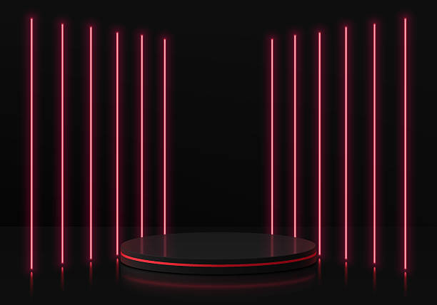 istock 3D round black product podium background with vertical red neon lighting lines. Abstract composition in futuristic design. Studio display showroom stands pedestal, Fashion stage showcase mockup scene. 2229322239