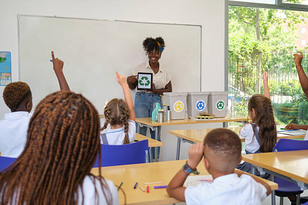 istock Teacher showing recycling symbol to elementary school students in classroom 2229342375