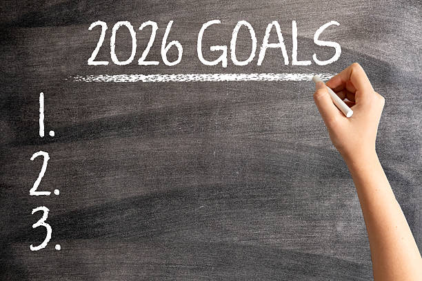 istock 2026 Goals on Blackboard with Woman Hand 2229347060