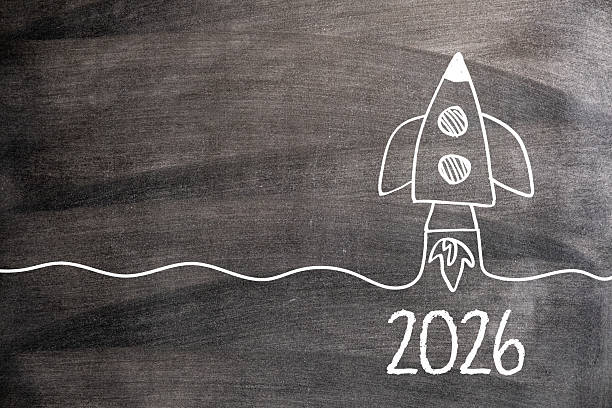2026 Creative Idea Concept with Rocket on Blackboard