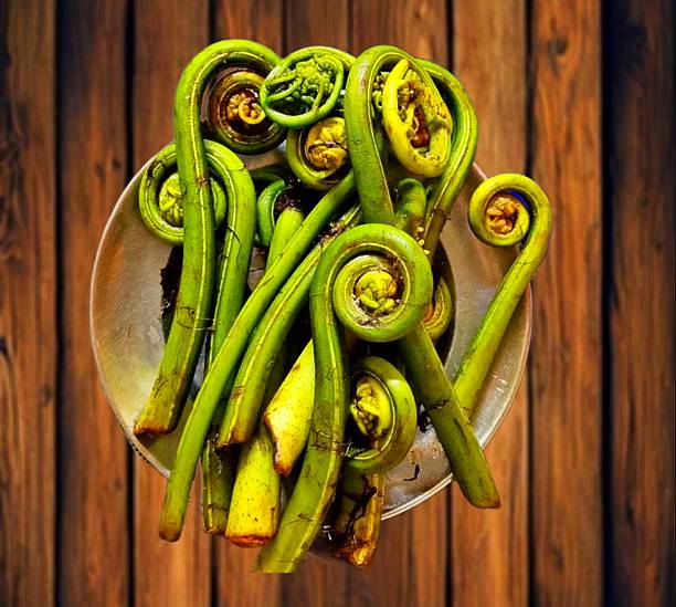 Close-up of fresh green fiddlehead ferns, locally known as linguda or fiddlehead greens, placed in a metal bowl on a wooden background.