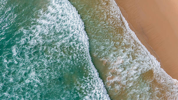 istock Top view beach with waves crashing on sandy shore 2229348756