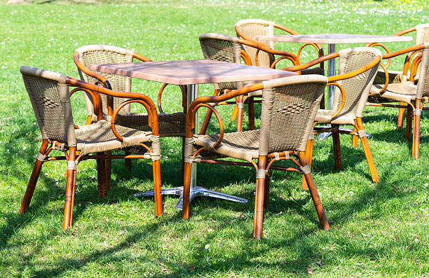 Large wooden table with rustic chairs set up for an outdoor meal in a lush green Swedish garden. Decorated with fresh flowers and clear glassware. A perfect setting for summer feasts, countryside living, or farm-to-table themes.